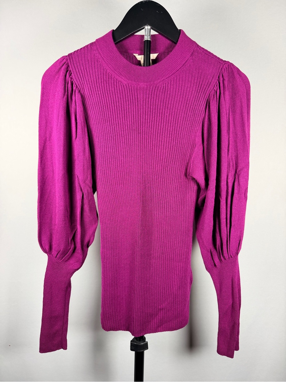 H&M Magenta Ribbed Puff-Sleeve Sweater Top